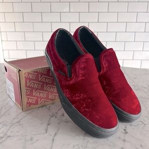 Vans, Oxblood Velvet Slip-On shoes. NIB, 10.5 men, 12 women.